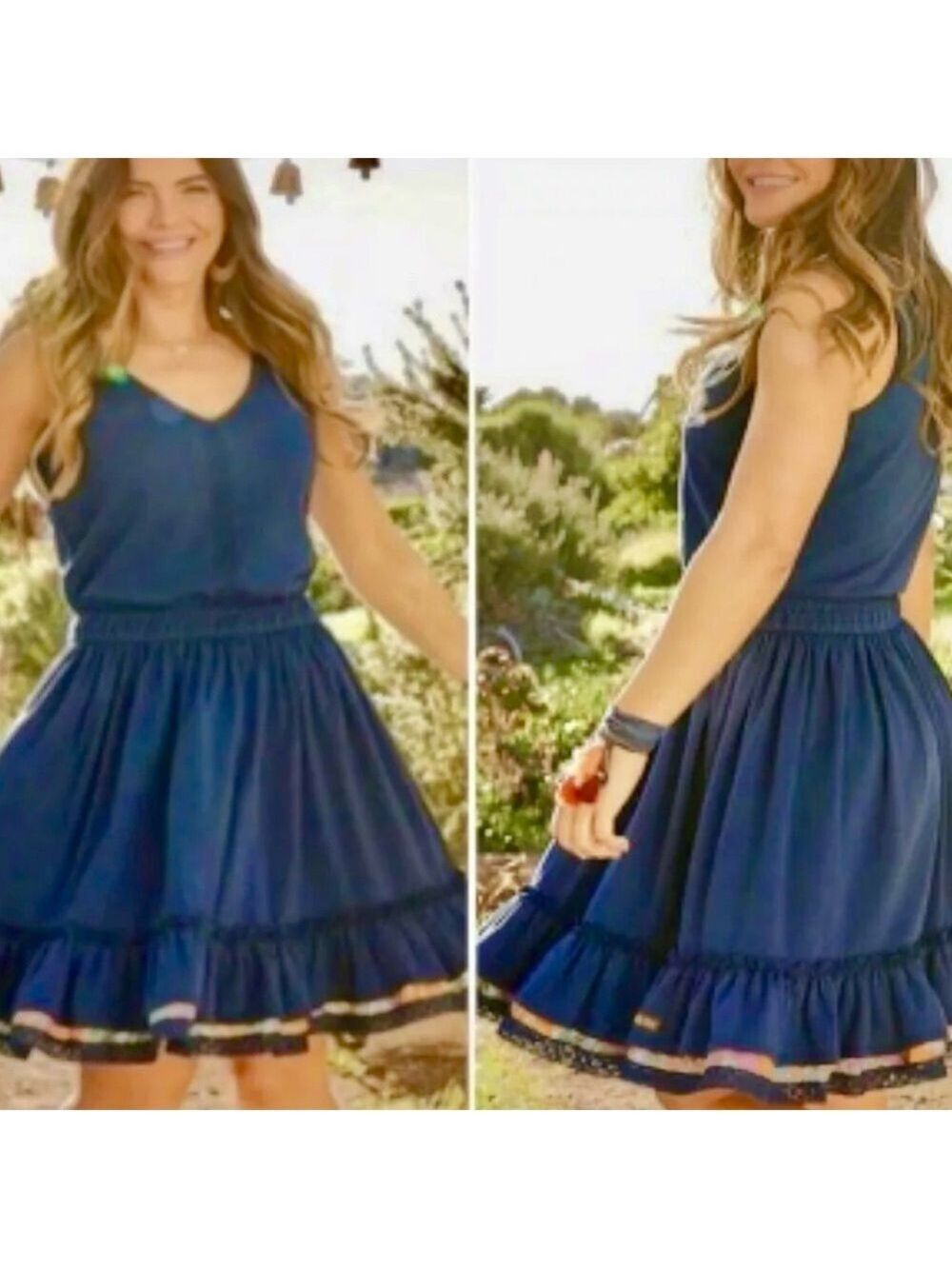 Matilda Jane Brilliant Daydream Swing Time V-neck Dress Small Blue Ruffled Hem